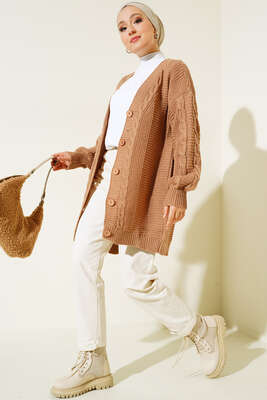 Önden Düğmeli Örgü Hırka Latte - Thumbnail