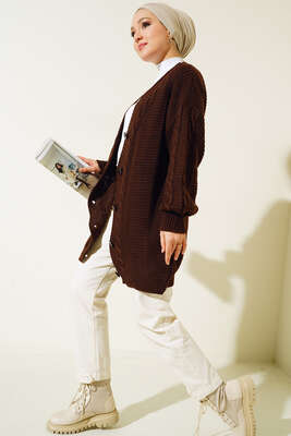 Önden Düğmeli Örgü Hırka Kahve - Thumbnail