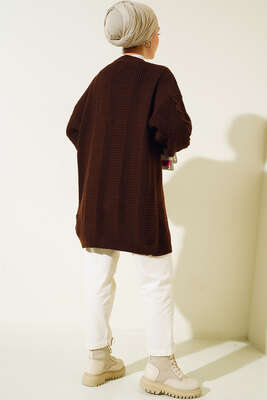 Önden Düğmeli Örgü Hırka Kahve - Thumbnail