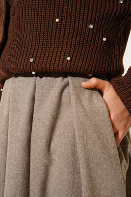 Yandan Fermuarlı Kaşe Etek Vizon - Thumbnail