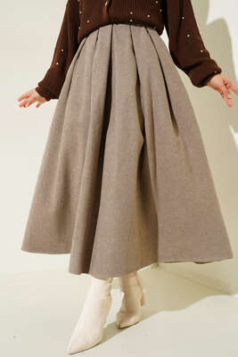 Yandan Fermuarlı Kaşe Etek Vizon - Thumbnail