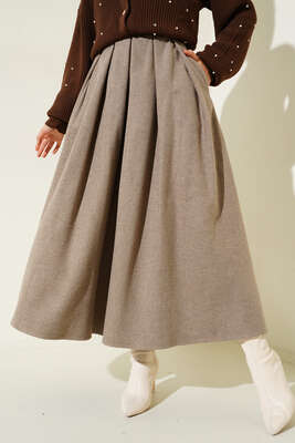 Yandan Fermuarlı Kaşe Etek Vizon - Thumbnail