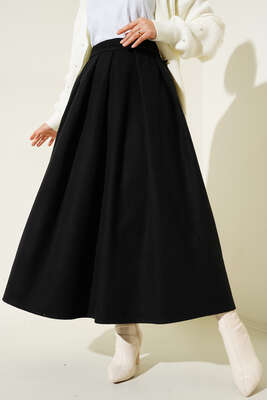 Yandan Fermuarlı Kaşe Etek Siyah - Thumbnail