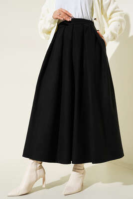 Yandan Fermuarlı Kaşe Etek Siyah - Thumbnail