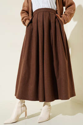 Yandan Fermuarlı Kaşe Etek Kahve - Thumbnail