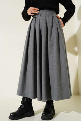 Yandan Fermuarlı Kaşe Etek Füme - Thumbnail