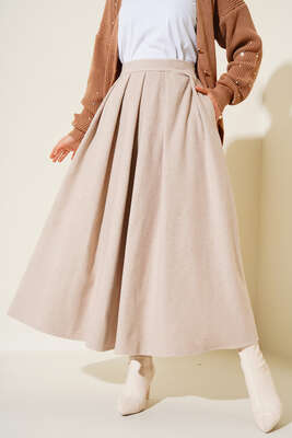 Yandan Fermuarlı Kaşe Etek Bej - Thumbnail