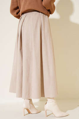 Yandan Fermuarlı Kaşe Etek Bej - Thumbnail