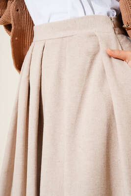 Yandan Fermuarlı Kaşe Etek Bej - Thumbnail