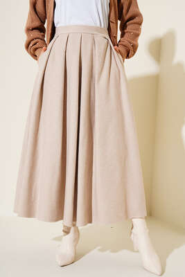 Yandan Fermuarlı Kaşe Etek Bej - Thumbnail