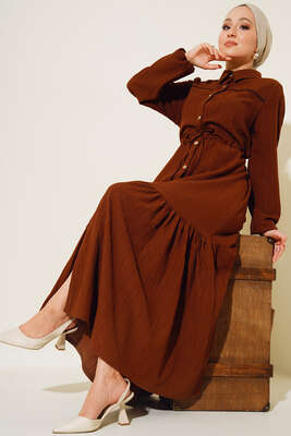 Dantel Detaylı Boydan Düğmeli Elbise Kahve - Thumbnail