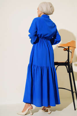 Dantel Detaylı Boydan Düğmeli Elbise Saks - Thumbnail