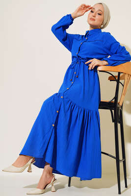 Dantel Detaylı Boydan Düğmeli Elbise Saks - Thumbnail