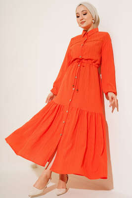 Dantel Detaylı Boydan Düğmeli Elbise Oranj - Thumbnail