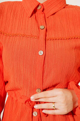 Dantel Detaylı Boydan Düğmeli Elbise Oranj - Thumbnail