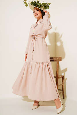 Dantel Detaylı Boydan Düğmeli Elbise Bej - Thumbnail