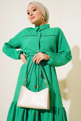 Dantel Detaylı Boydan Düğmeli Elbise Yeşil - Thumbnail