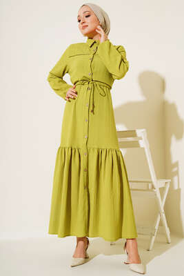Dantel Detaylı Boydan Düğmeli Elbise Yağ Yeşil - Thumbnail