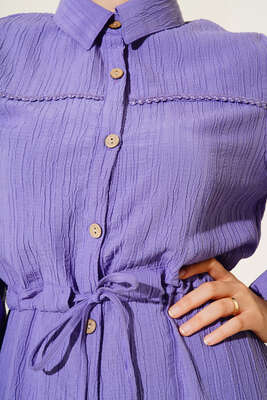 Dantel Detaylı Boydan Düğmeli Elbise Lila - Thumbnail