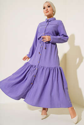 Dantel Detaylı Boydan Düğmeli Elbise Lila - Thumbnail