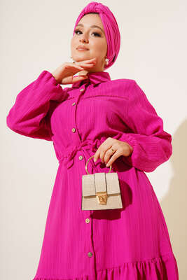 Dantel Detaylı Boydan Düğmeli Elbise Fuşya - Thumbnail