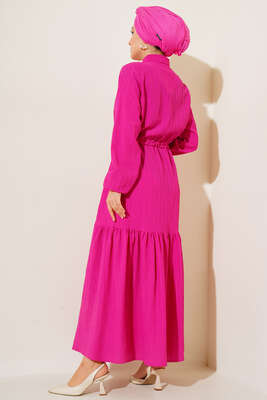 Dantel Detaylı Boydan Düğmeli Elbise Fuşya - Thumbnail