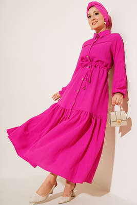 Dantel Detaylı Boydan Düğmeli Elbise Fuşya - Thumbnail