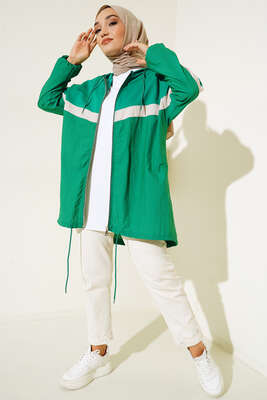 Kapüşonlu Garnili Hırka Yeşil - Thumbnail