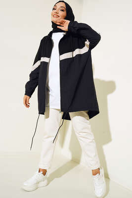 Kapüşonlu Garnili Hırka Siyah - Thumbnail