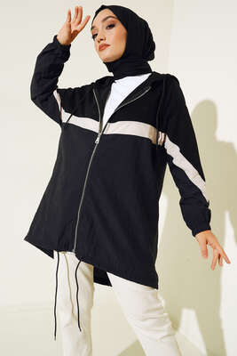 Kapüşonlu Garnili Hırka Siyah - Thumbnail