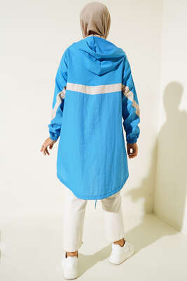 Kapüşonlu Garnili Hırka Mavi - Thumbnail