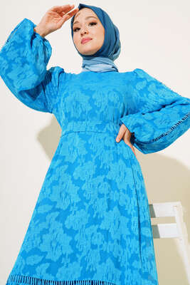 Dantel İşleme Detaylı Elbise İndigo - Thumbnail