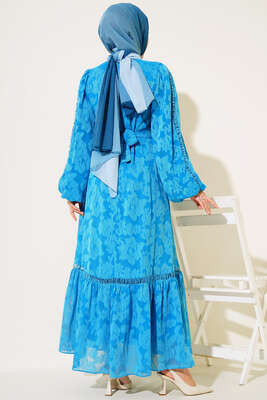 Dantel İşleme Detaylı Elbise İndigo - Thumbnail