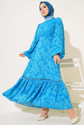 Dantel İşleme Detaylı Elbise İndigo - Thumbnail