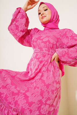 Dantel İşleme Detaylı Elbise Fuşya - Thumbnail