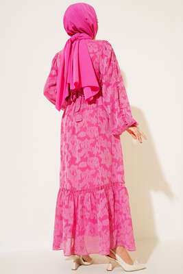 Dantel İşleme Detaylı Elbise Fuşya - Thumbnail