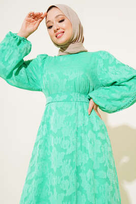 Dantel İşleme Detaylı Elbise Yeşil - Thumbnail