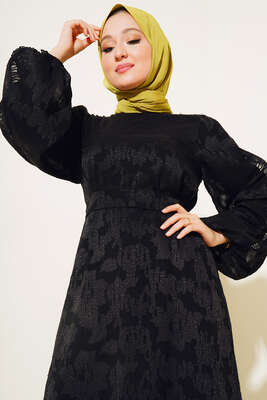 Dantel İşleme Detaylı Elbise Siyah - Thumbnail