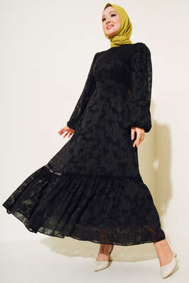 Dantel İşleme Detaylı Elbise Siyah - Thumbnail