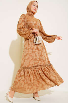 Dantel İşleme Detaylı Elbise Latte - Thumbnail