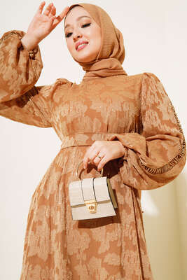 Dantel İşleme Detaylı Elbise Latte - Thumbnail