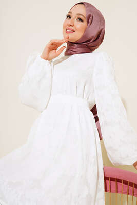 Dantel İşleme Detaylı Elbise Beyaz - Thumbnail