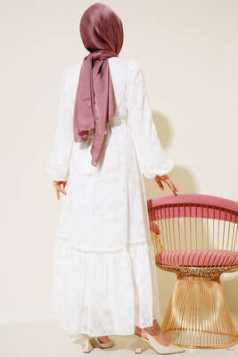 Dantel İşleme Detaylı Elbise Beyaz - Thumbnail