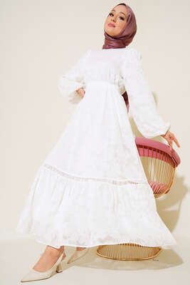 Dantel İşleme Detaylı Elbise Beyaz - Thumbnail