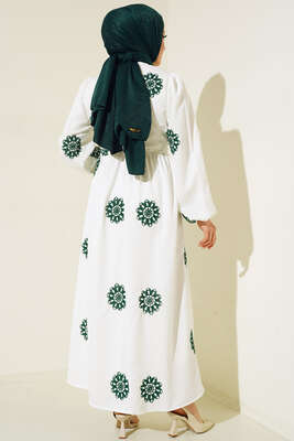 Çiçek Nakış İşlemeli Elbise Zümrüt Yeşil - Thumbnail