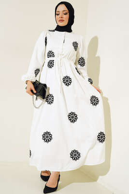 Çiçek Nakış İşlemeli Elbise Siyah - Thumbnail