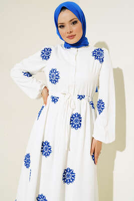 Çiçek Nakış İşlemeli Elbise Saks - Thumbnail