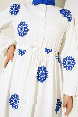 Çiçek Nakış İşlemeli Elbise Saks - Thumbnail