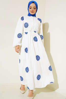 Çiçek Nakış İşlemeli Elbise Saks - Thumbnail