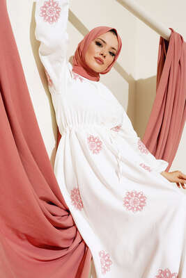 Çiçek Nakış İşlemeli Elbise Pudra - Thumbnail